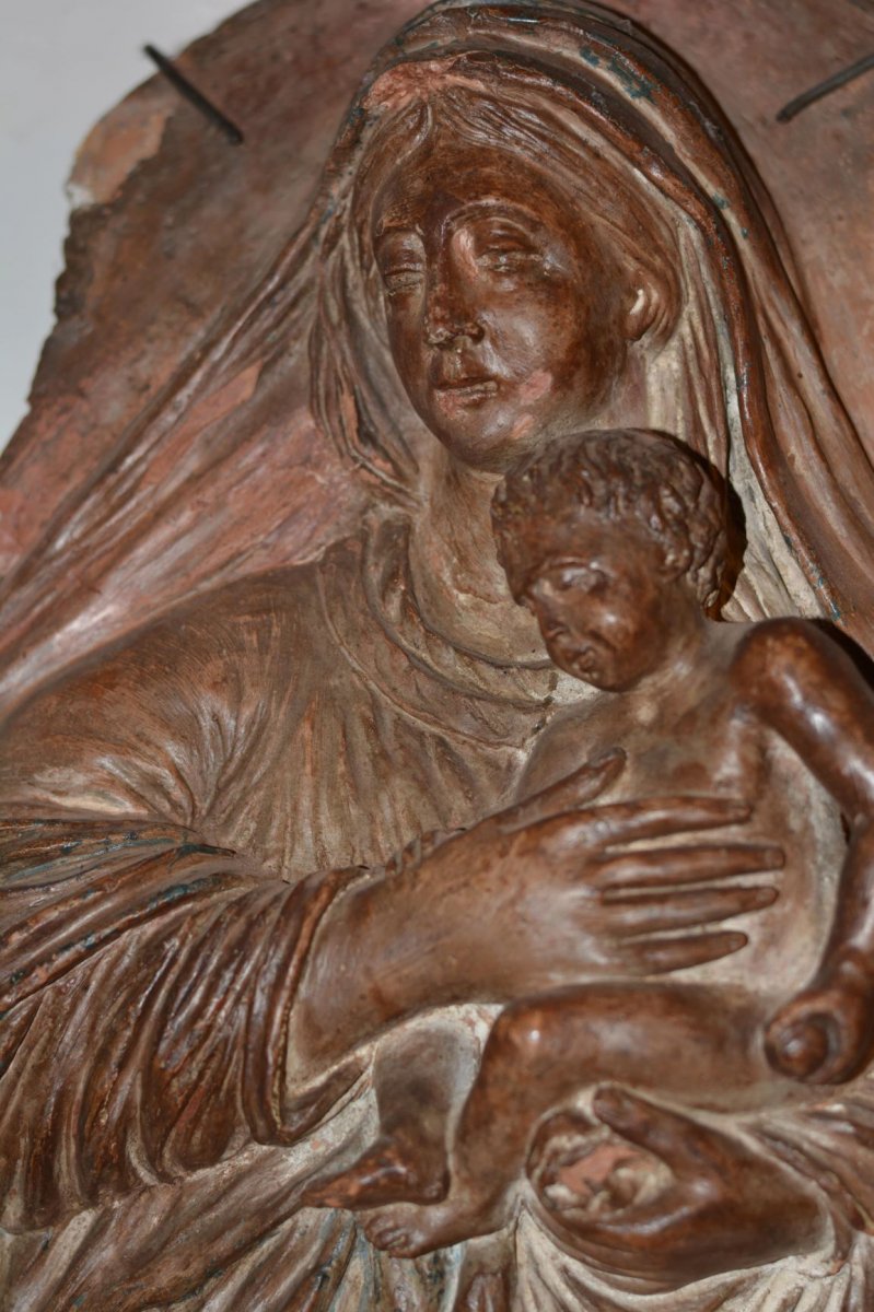 Tondo Figurant La Vierge Et l'Enfant En Relief,  En Terre Cuite, Italie,  XVII è Siècle.-photo-4