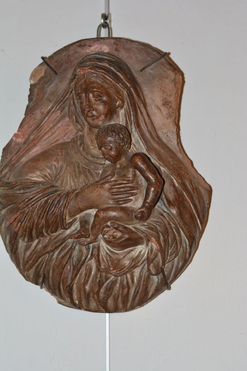 Tondo Figurant La Vierge Et l'Enfant En Relief,  En Terre Cuite, Italie,  XVII è Siècle.-photo-1