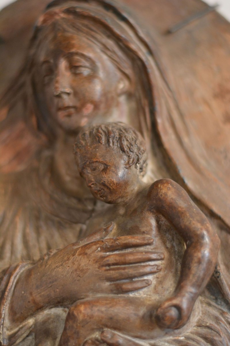 Tondo Figurant La Vierge Et l'Enfant En Relief,  En Terre Cuite, Italie,  XVII è Siècle.-photo-2