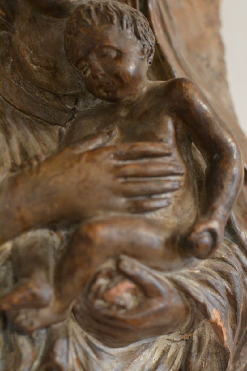 Tondo Figurant La Vierge Et l'Enfant En Relief,  En Terre Cuite, Italie,  XVII è Siècle.-photo-3