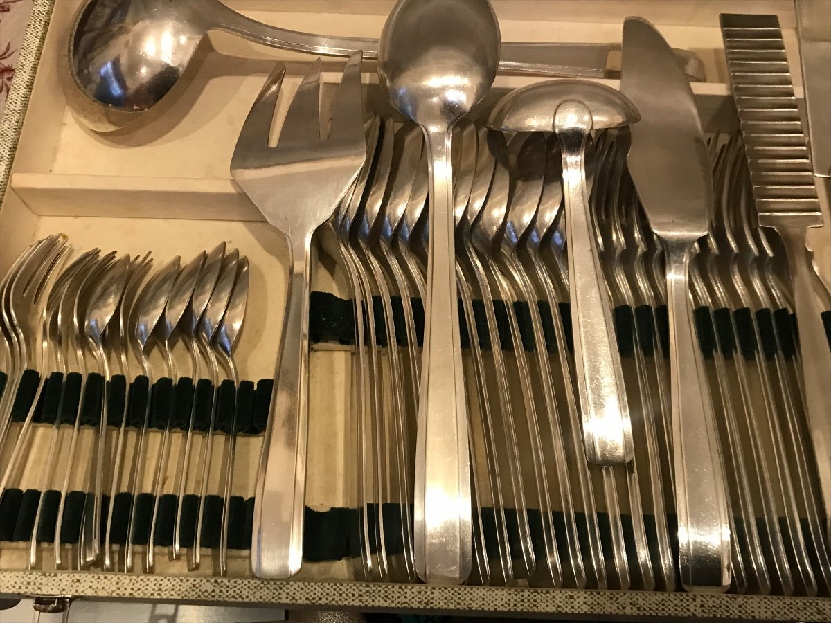 Art Deco Cutlery Set In Silver Metal Of 72 Pieces-photo-3