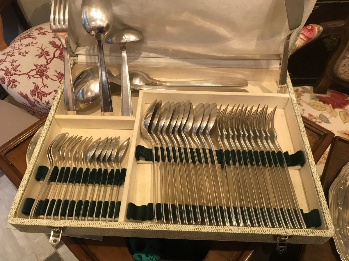 Art Deco Cutlery Set In Silver Metal Of 72 Pieces-photo-1