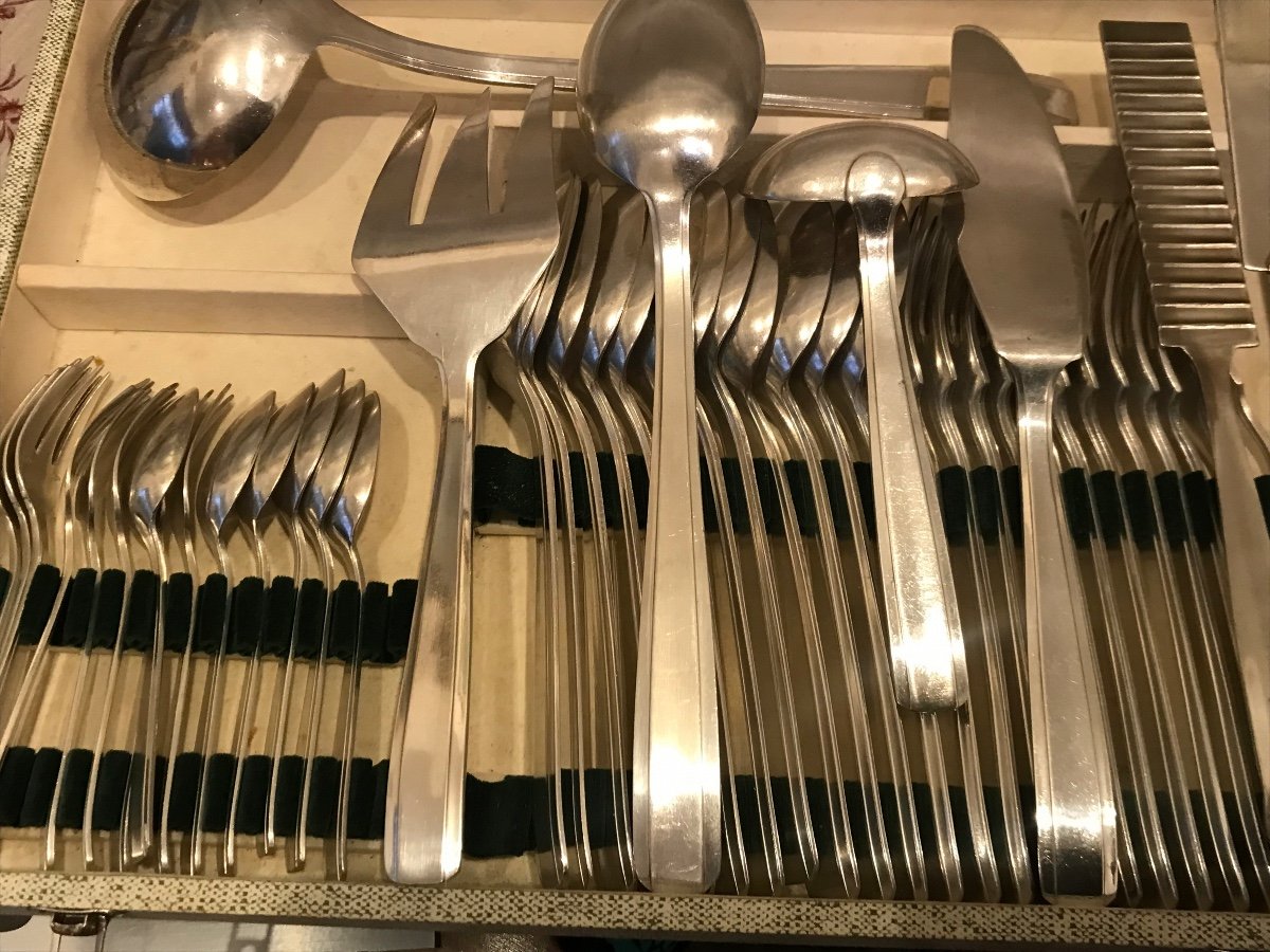 Art Deco Cutlery Set In Silver Metal Of 72 Pieces-photo-8
