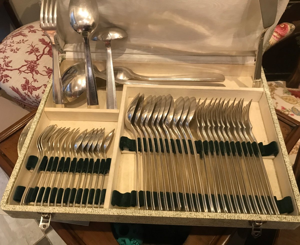 Art Deco Cutlery Set In Silver Metal Of 72 Pieces