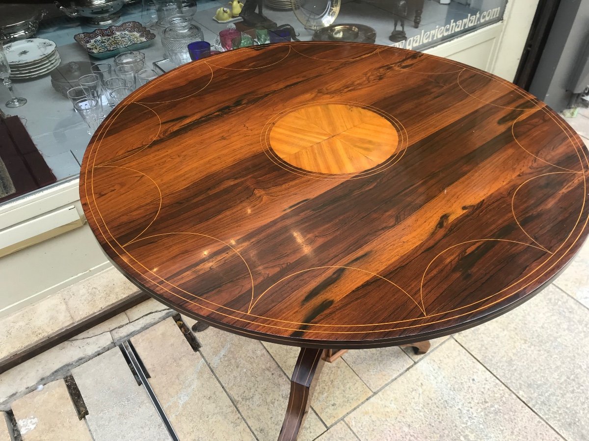 Library Pedestal Table In Mahogany Veneer, Decorated With 19th Century Lemon Tree Net