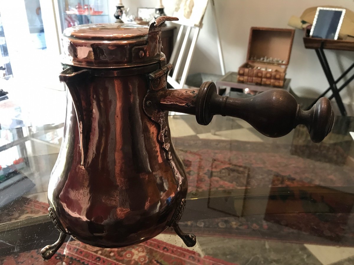 Copper Coffee Maker On A Stand, With à Turned Wooden Handle, France 18th C Entury