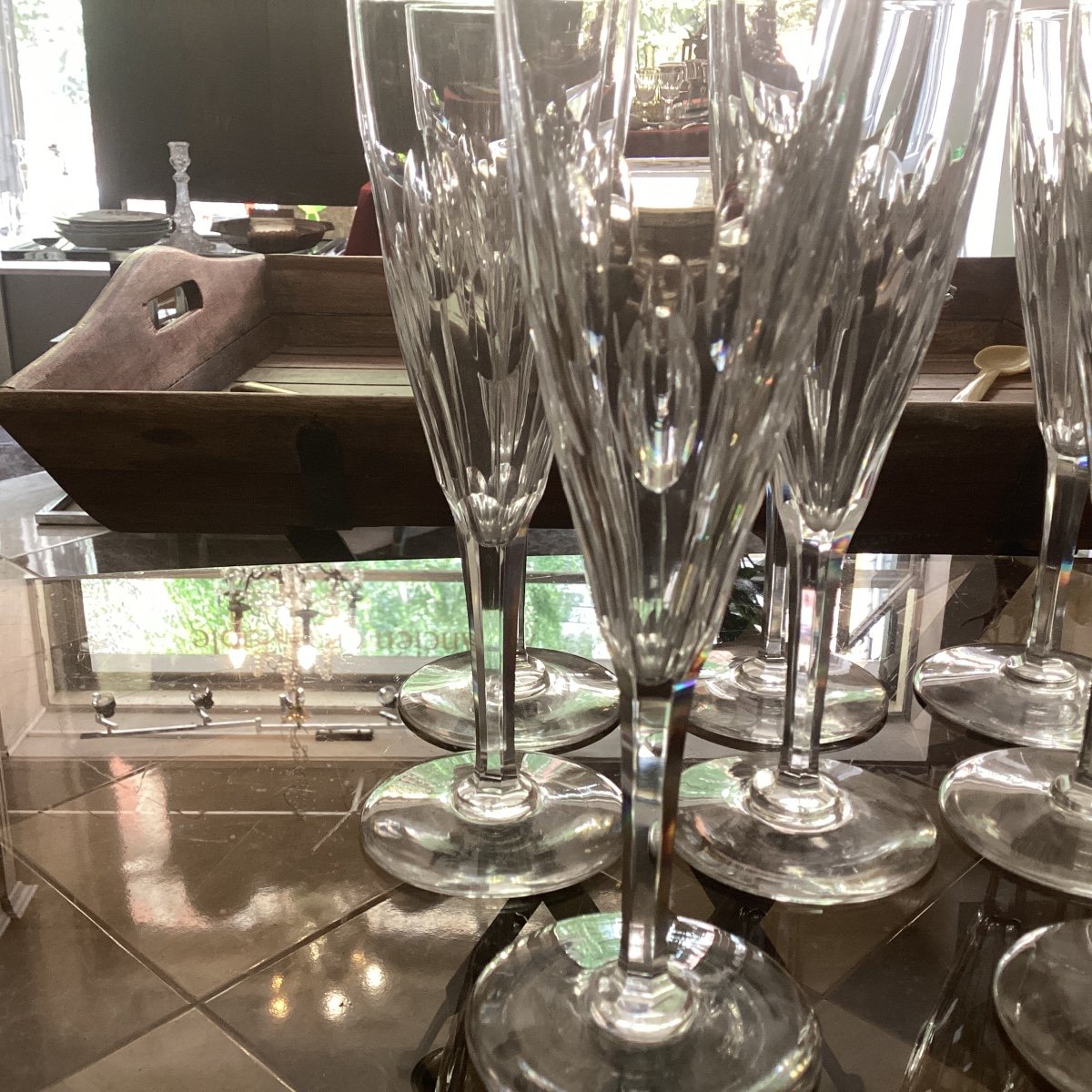 Suite Of 8 Champagne Flutes, Ory Service, In Saint Louis Crystal, Unsigned -photo-3