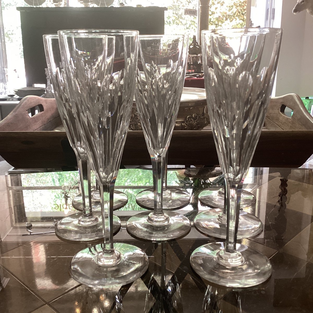 Suite Of 8 Champagne Flutes, Ory Service, In Saint Louis Crystal, Unsigned -photo-4