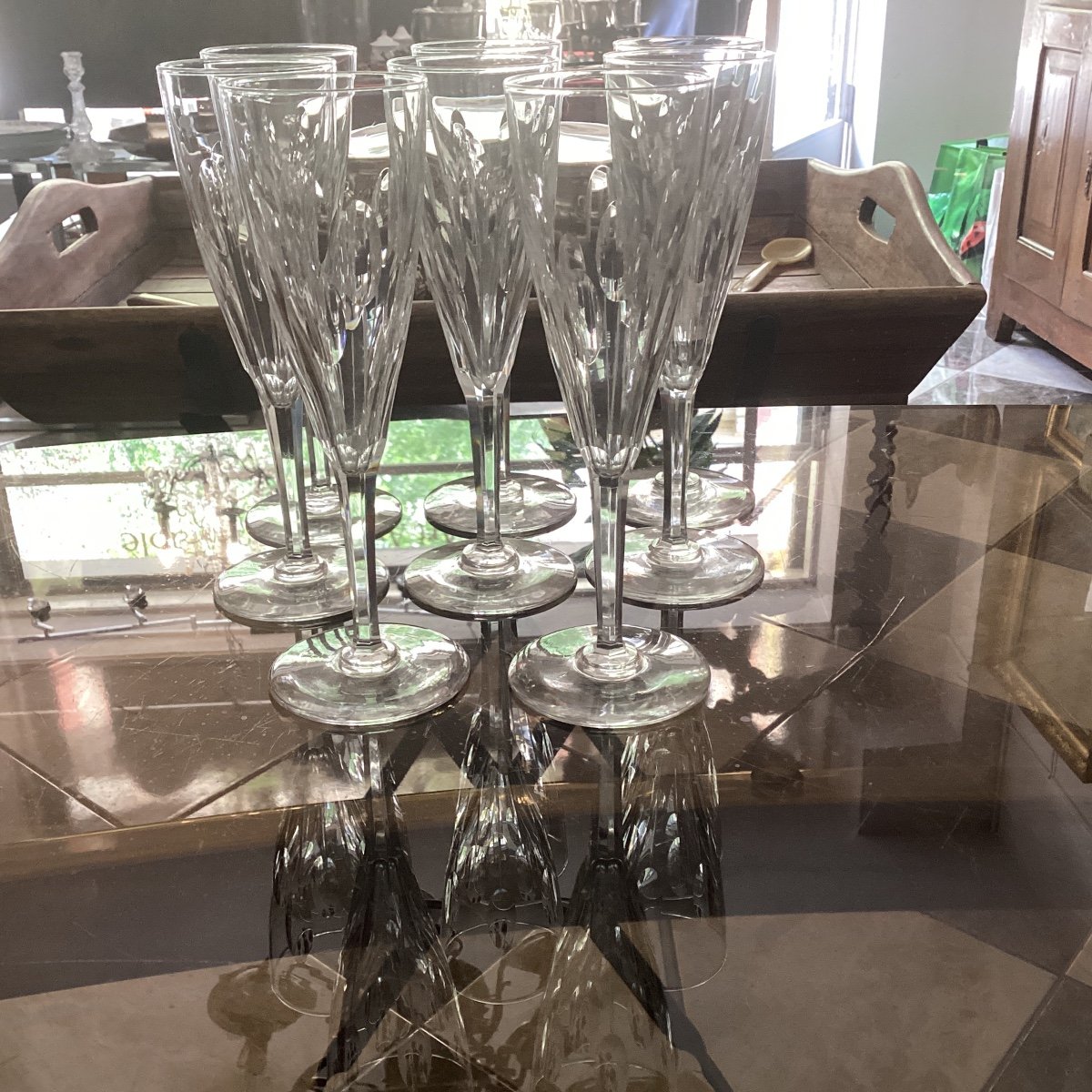 Suite Of 8 Champagne Flutes, Ory Service, In Saint Louis Crystal, Unsigned -photo-2