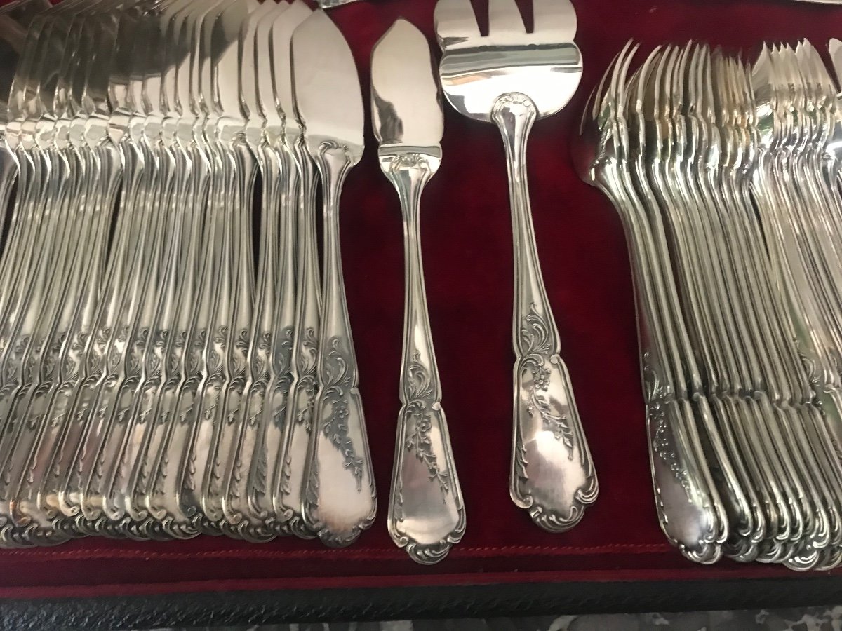 Suite Of 24 Silver-plated Fish Cutlery Goldsmith Daniel Cregut With Serving Cutlery-photo-3