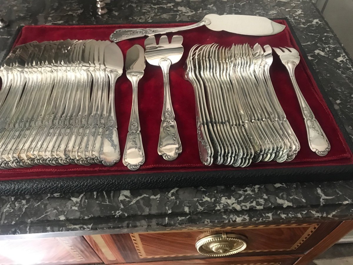 Suite Of 24 Silver-plated Fish Cutlery Goldsmith Daniel Cregut With Serving Cutlery-photo-4