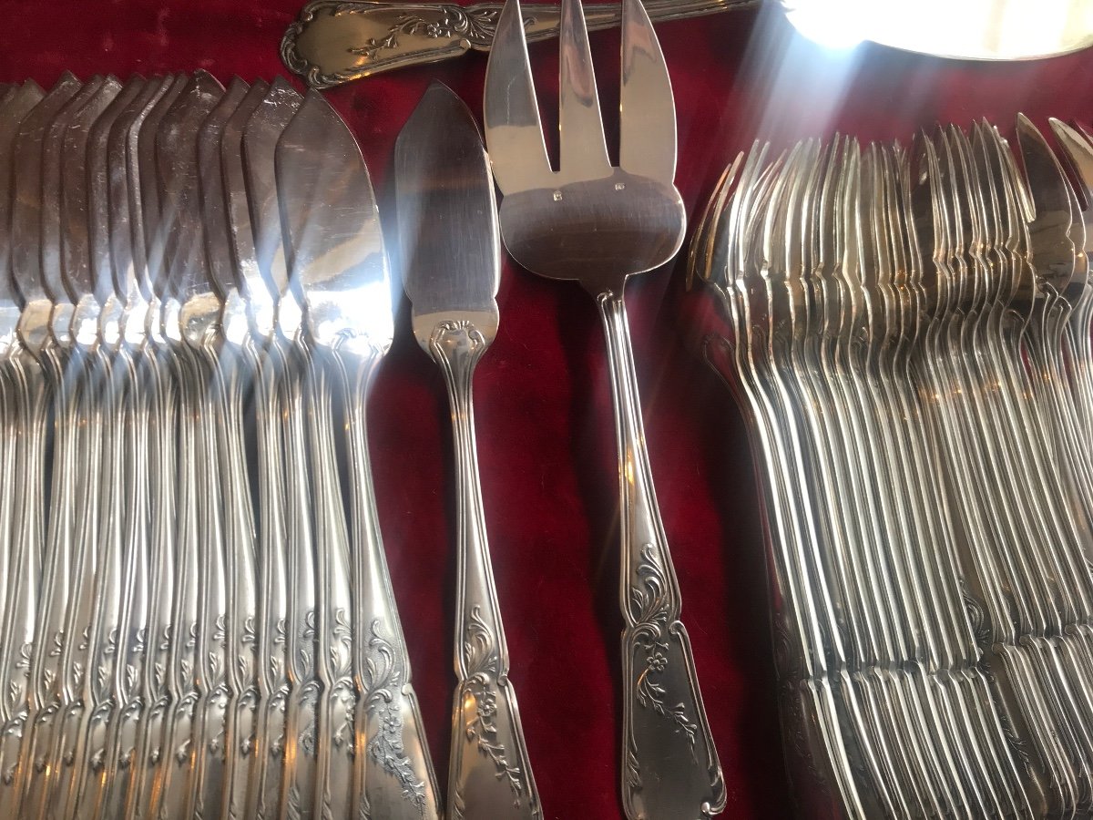 Suite Of 24 Silver-plated Fish Cutlery Goldsmith Daniel Cregut With Serving Cutlery-photo-1