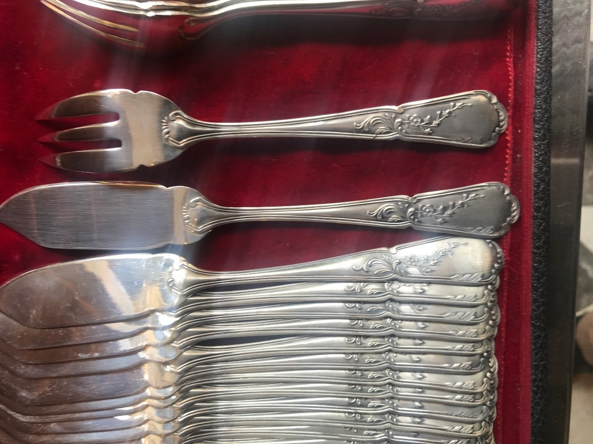 Suite Of 24 Silver-plated Fish Cutlery Goldsmith Daniel Cregut With Serving Cutlery-photo-2
