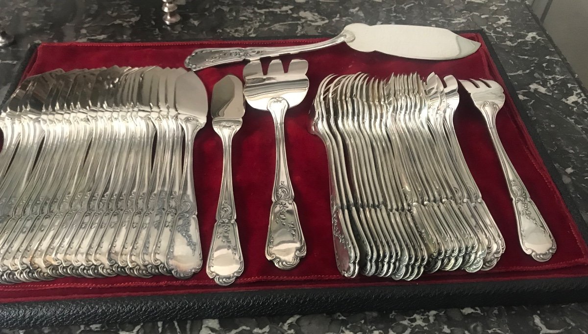Suite Of 24 Silver-plated Fish Cutlery Goldsmith Daniel Cregut With Serving Cutlery