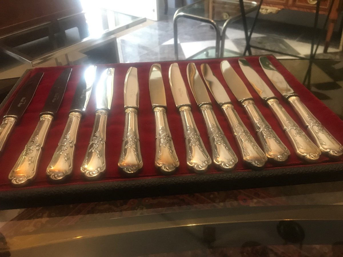 Series Of 18 Table Knives In Silver Metal With Stainless Steel Blades By Goldsmith D.  Cregut-photo-4