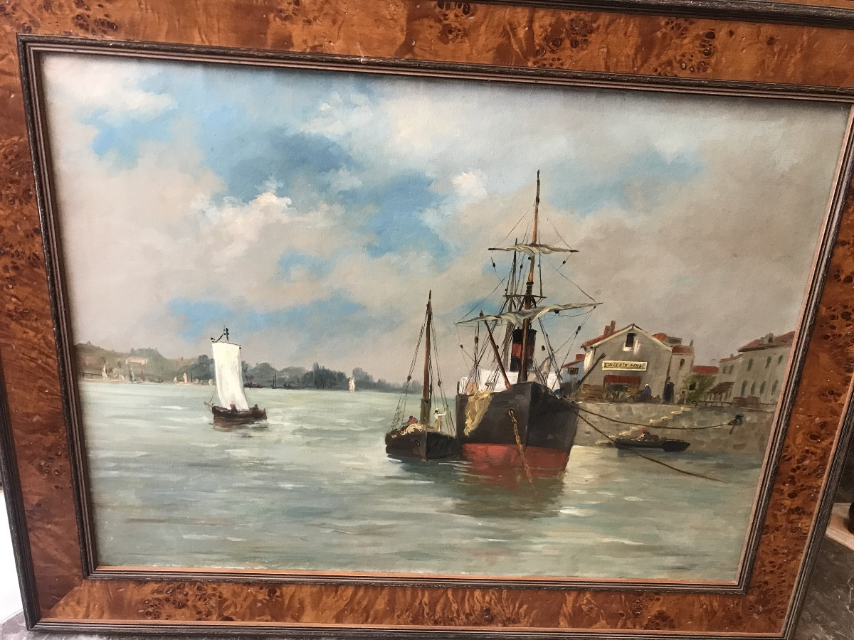 Marine Du XIX ème Siècle Huile Sur Toile, Cadre En  Loupe-photo-2