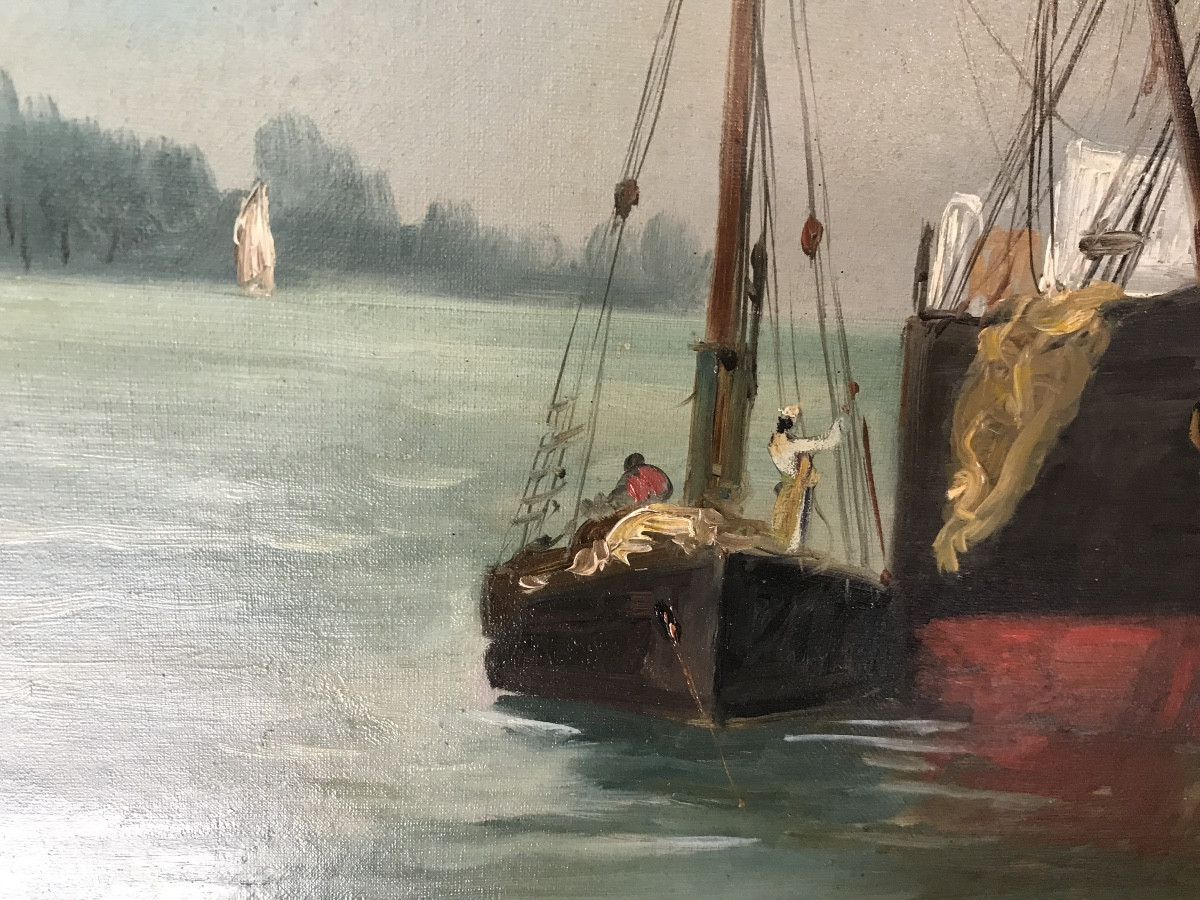 Marine Du XIX ème Siècle Huile Sur Toile, Cadre En  Loupe-photo-5