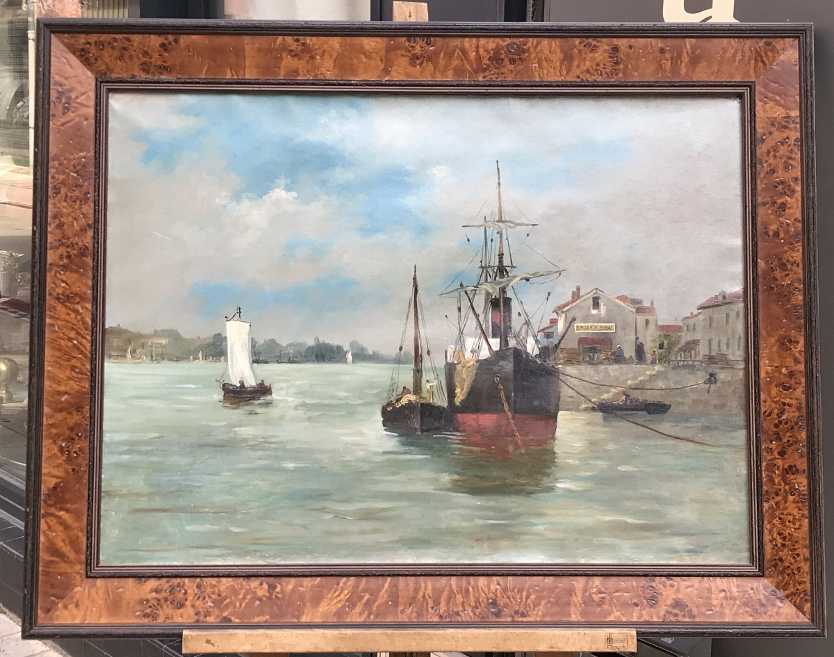 Marine Du XIX ème Siècle Huile Sur Toile, Cadre En  Loupe