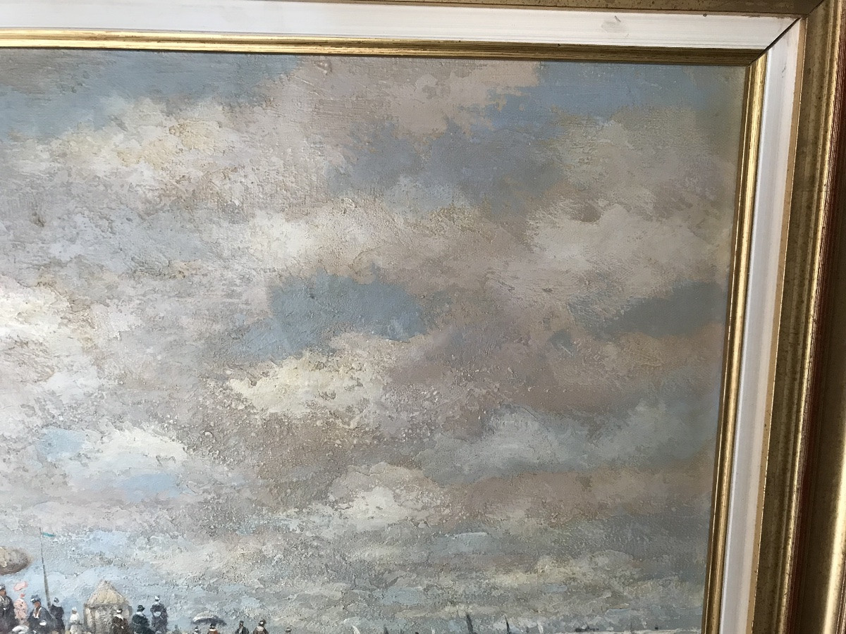 Oil On Canvas,, On Sight 61.5 Cm X 38.5 Cm "on The Beach In Brittany" Signed-photo-3