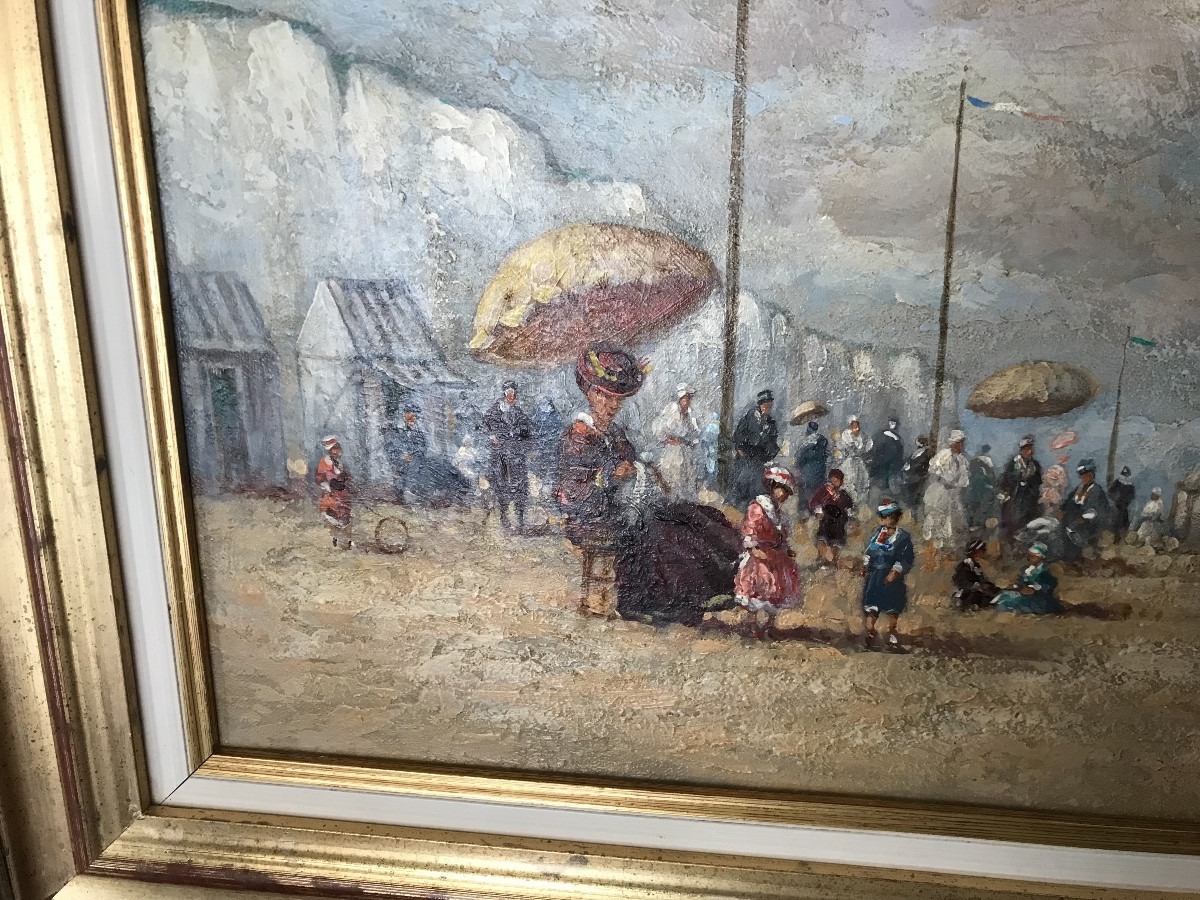 Oil On Canvas,, On Sight 61.5 Cm X 38.5 Cm "on The Beach In Brittany" Signed-photo-1