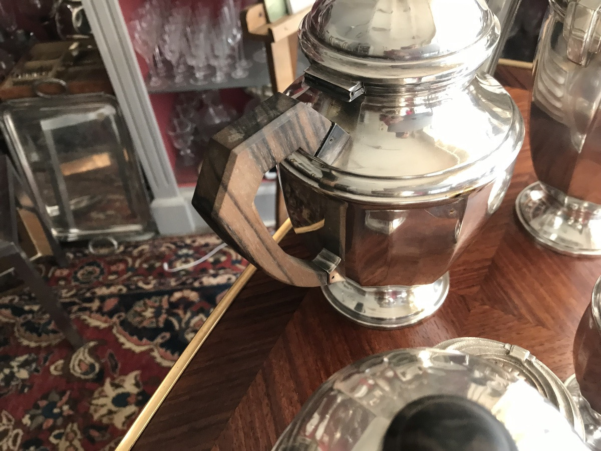  Art Deco Period Tea And Coffee Service In Silver Plated Metal And Rosewood, 4 Pieces. -photo-3