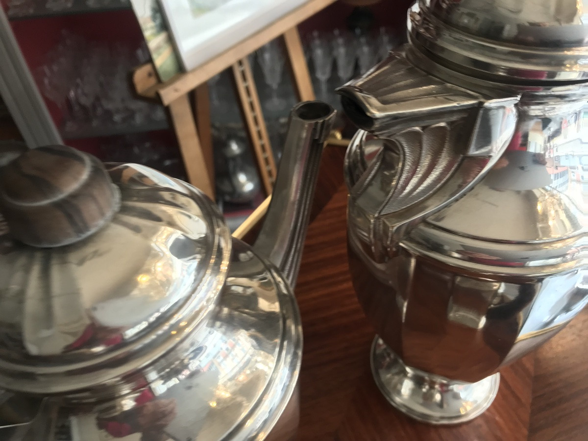  Art Deco Period Tea And Coffee Service In Silver Plated Metal And Rosewood, 4 Pieces. -photo-3