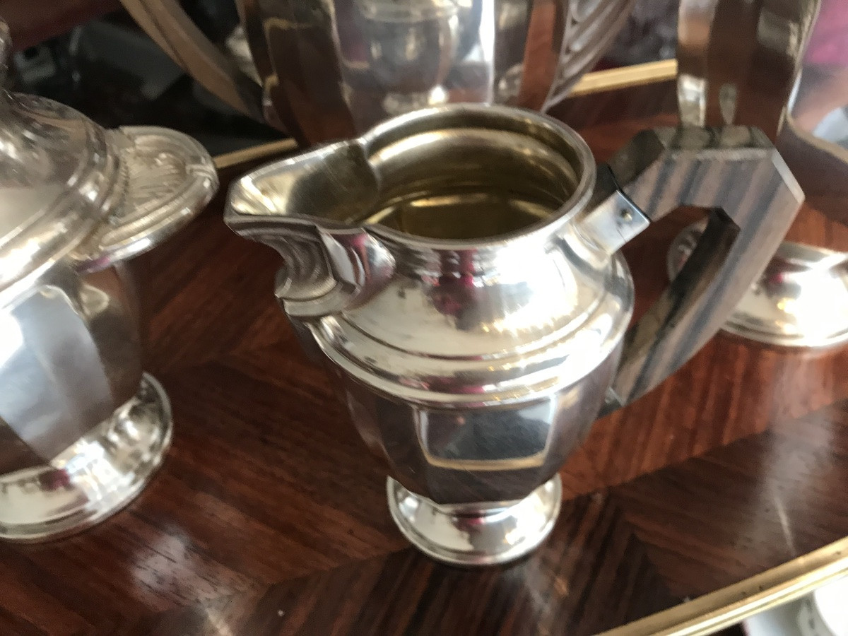  Art Deco Period Tea And Coffee Service In Silver Plated Metal And Rosewood, 4 Pieces. -photo-7