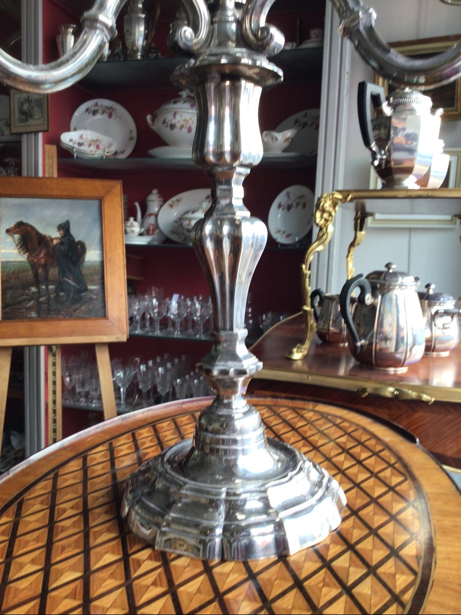 Bougeoir en bronze argenté, à trois branches de style Louis XV , 45 cm-photo-1