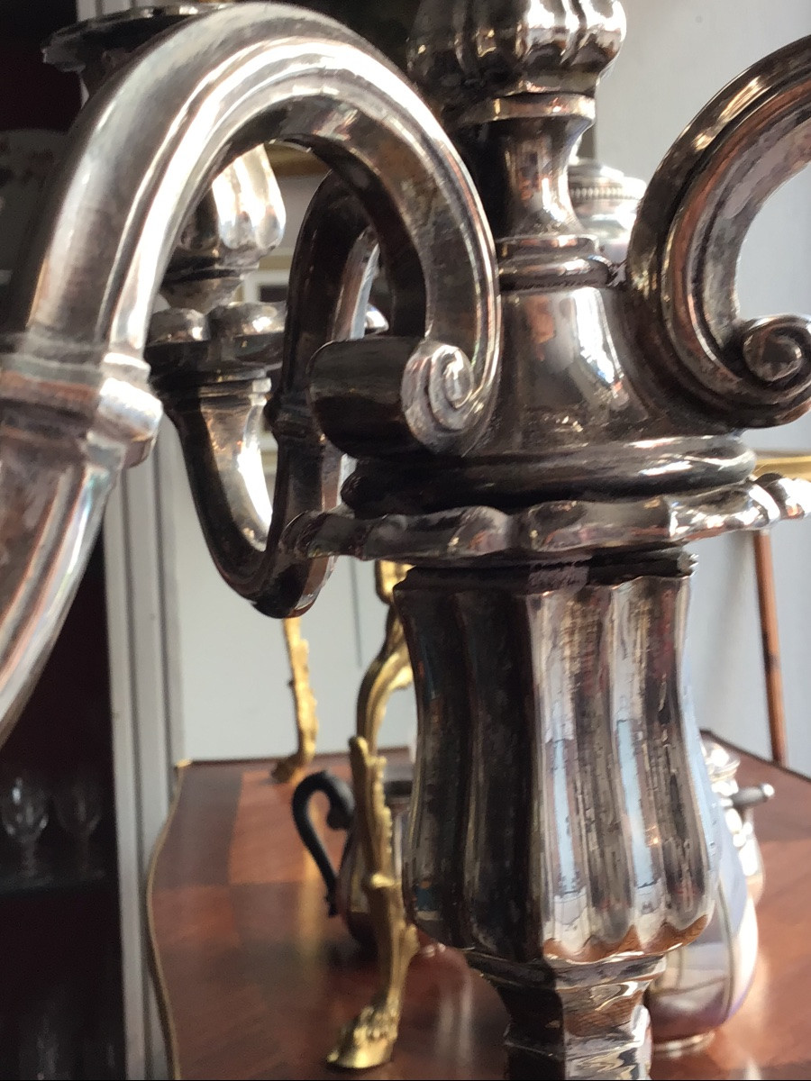 Bougeoir en bronze argenté, à trois branches de style Louis XV , 45 cm-photo-6