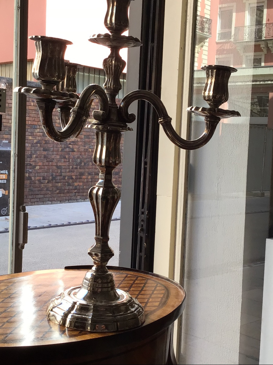 Bougeoir en bronze argenté, à trois branches de style Louis XV , 45 cm-photo-8