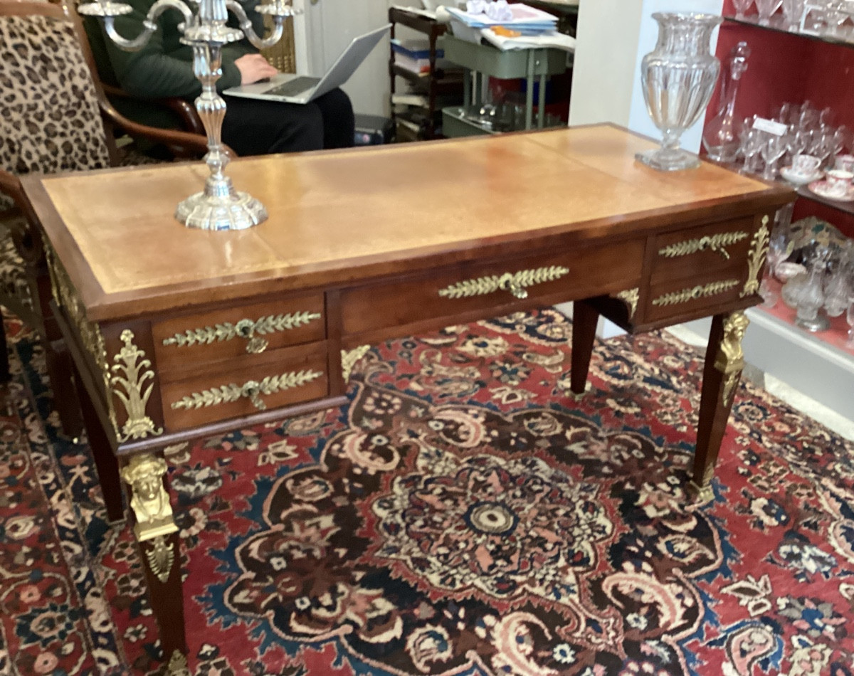 Empire Style Flat Desk In Mahogany And Mahogany Veneer With Rich Bronze Decoration