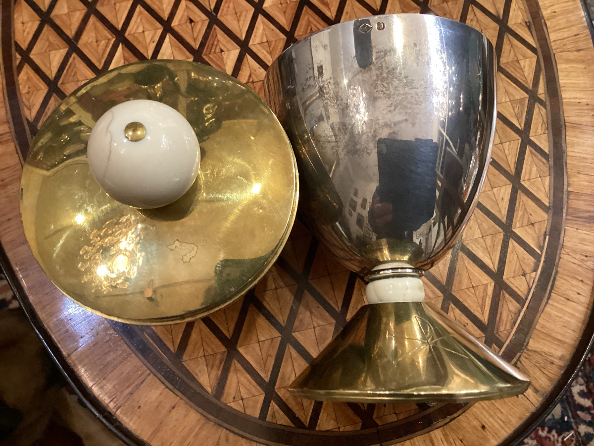 Chalice And Its Host Box In Silver (only The Cup Is Silver), The Whole Set In Gold-plated Metal-photo-3