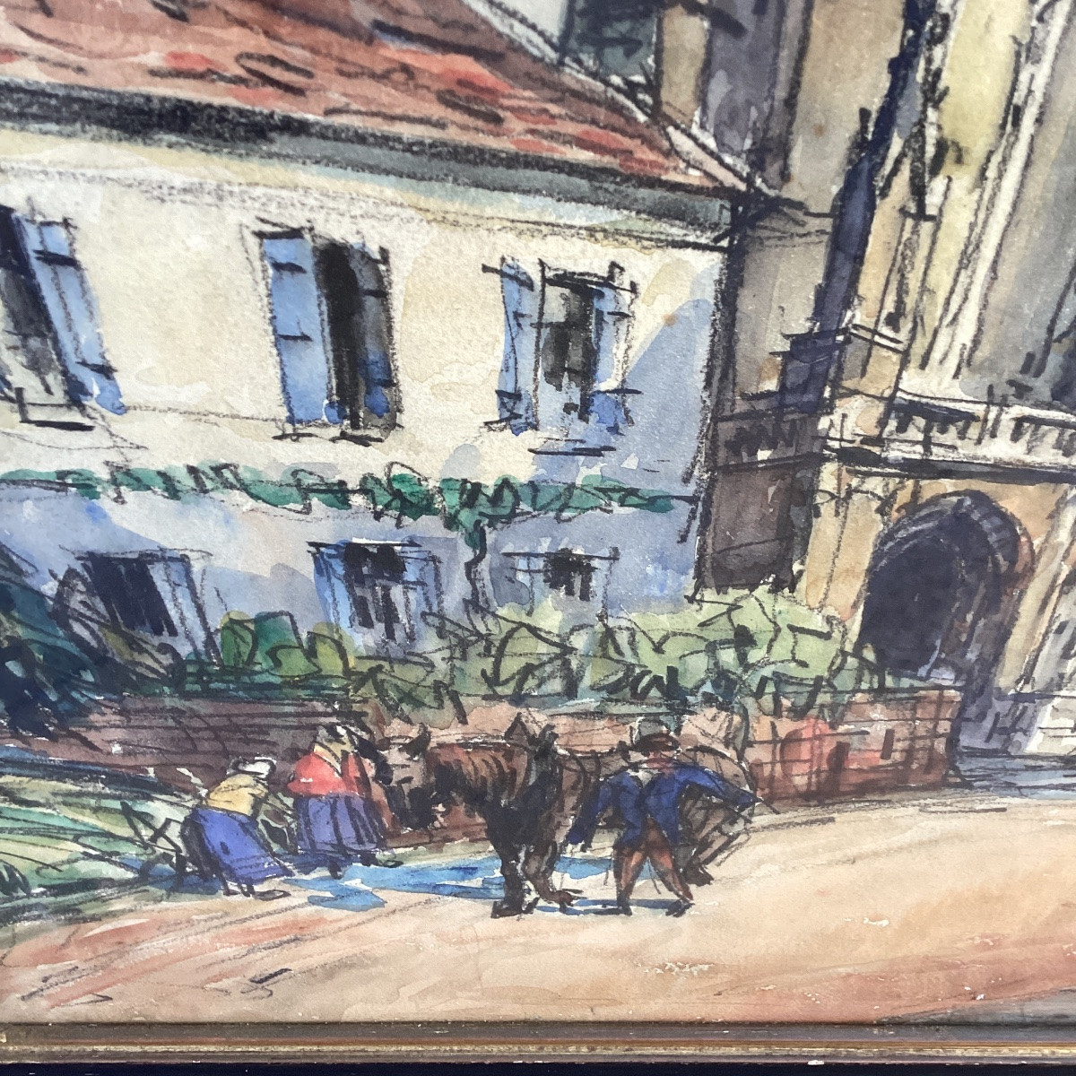 Frank Will ,rue animée à Saint Père sous Vezelay, aquarelle et fusain situé,signé, datée 1925-photo-3