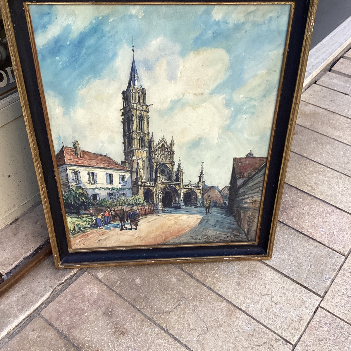 Frank Will ,rue animée à Saint Père sous Vezelay, aquarelle et fusain situé,signé, datée 1925-photo-1