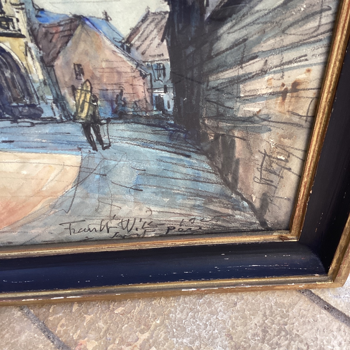 Frank Will ,rue animée à Saint Père sous Vezelay, aquarelle et fusain situé,signé, datée 1925-photo-3