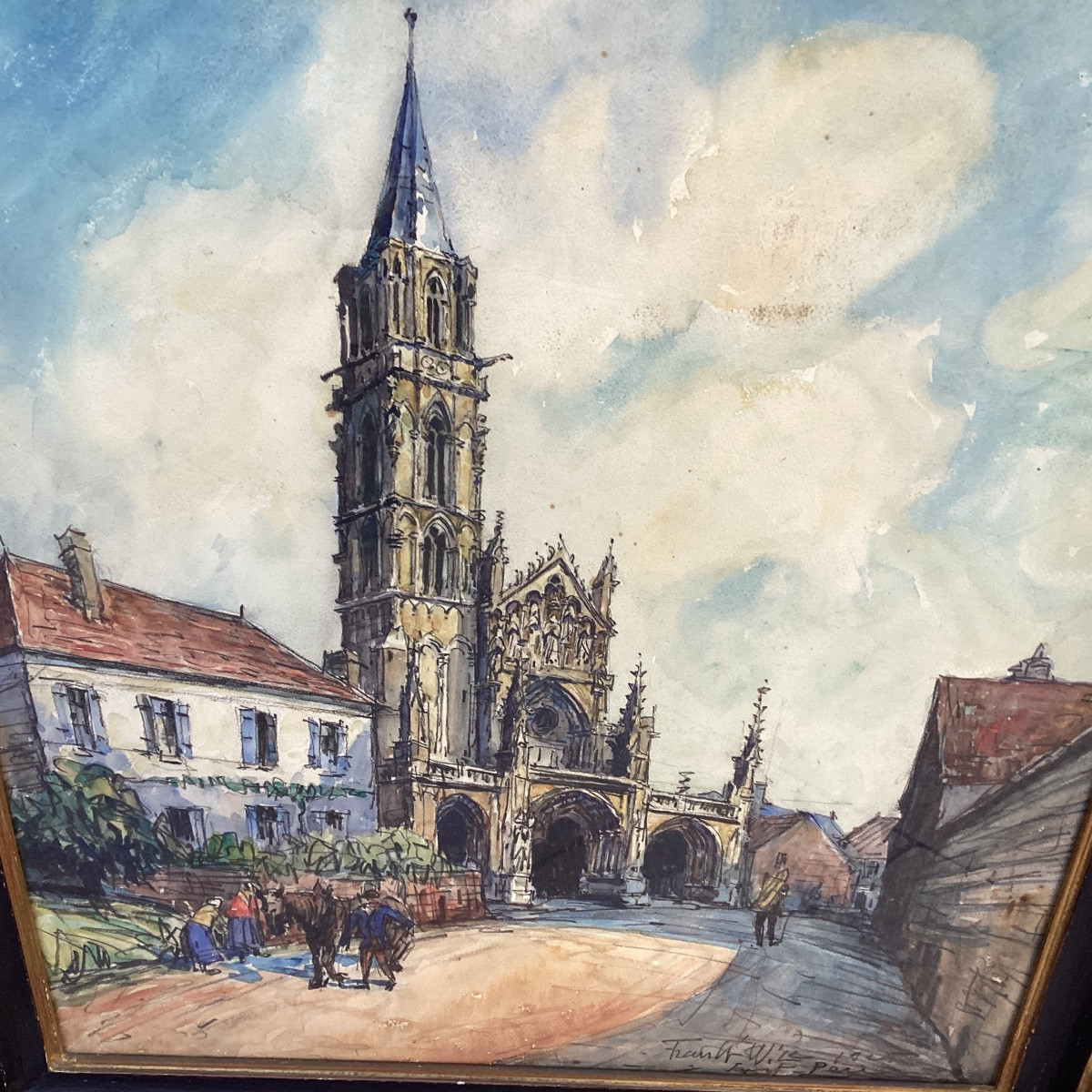 Frank Will ,rue animée à Saint Père sous Vezelay, aquarelle et fusain situé,signé, datée 1925-photo-5