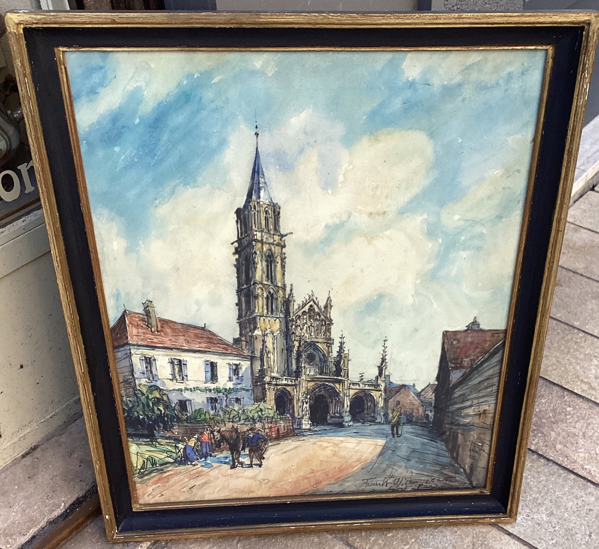 Frank Will ,rue animée à Saint Père sous Vezelay, aquarelle et fusain situé,signé, datée 1925