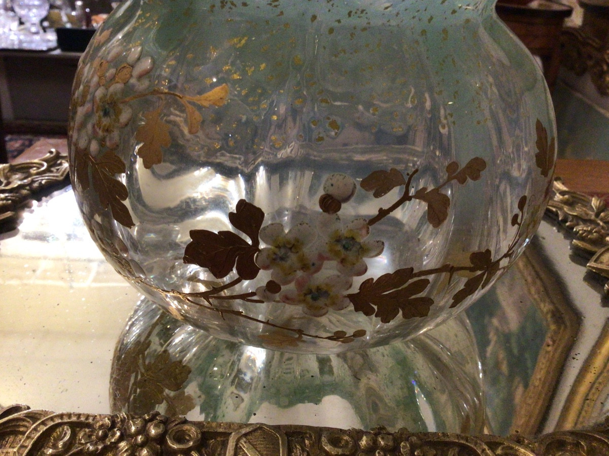 Art Nouveau vase en verre opalescent émaillé à fin décor floral non signé début XX, Legras ??-photo-2