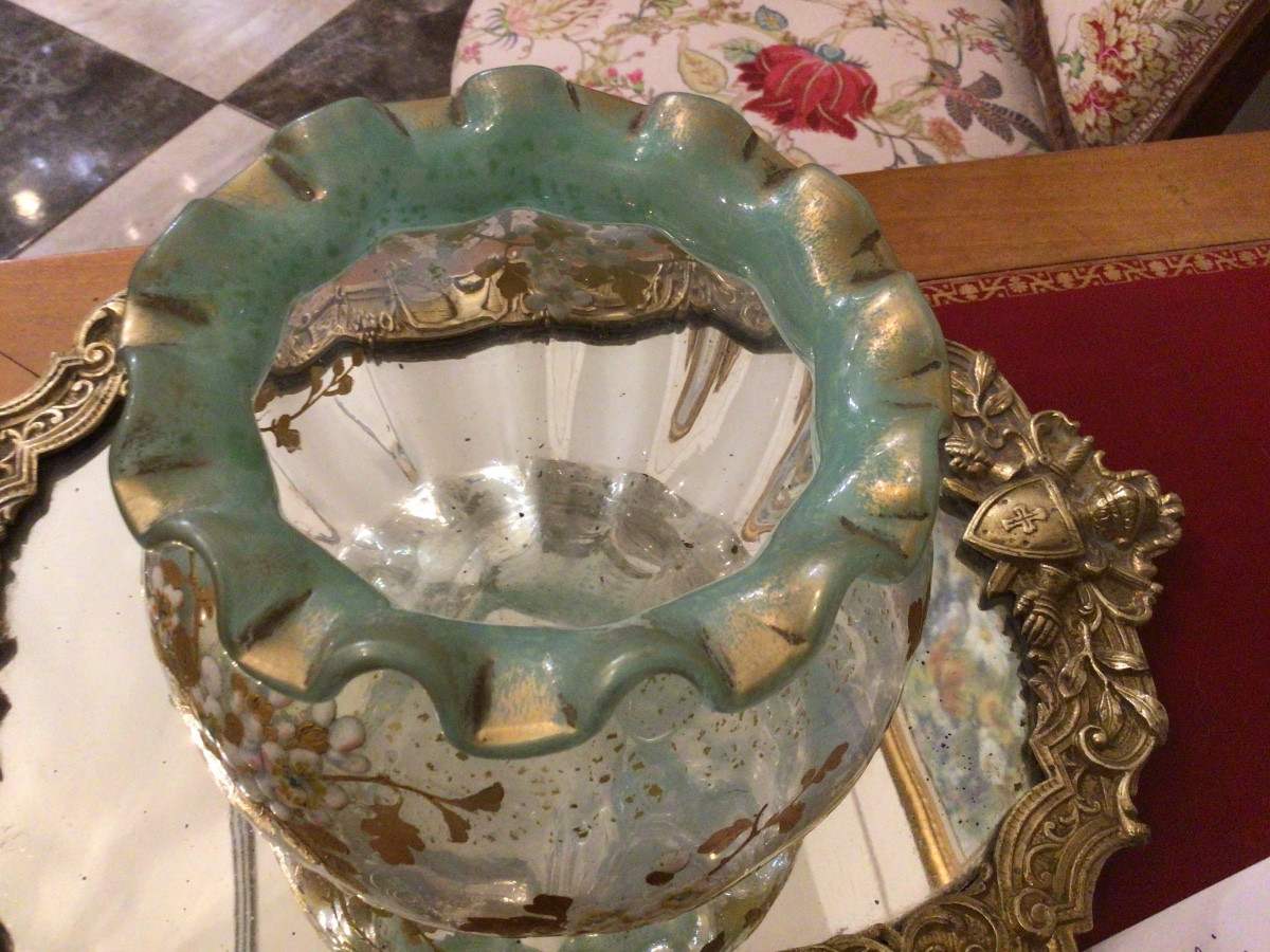 Art Nouveau vase en verre opalescent émaillé à fin décor floral non signé début XX, Legras ??-photo-3