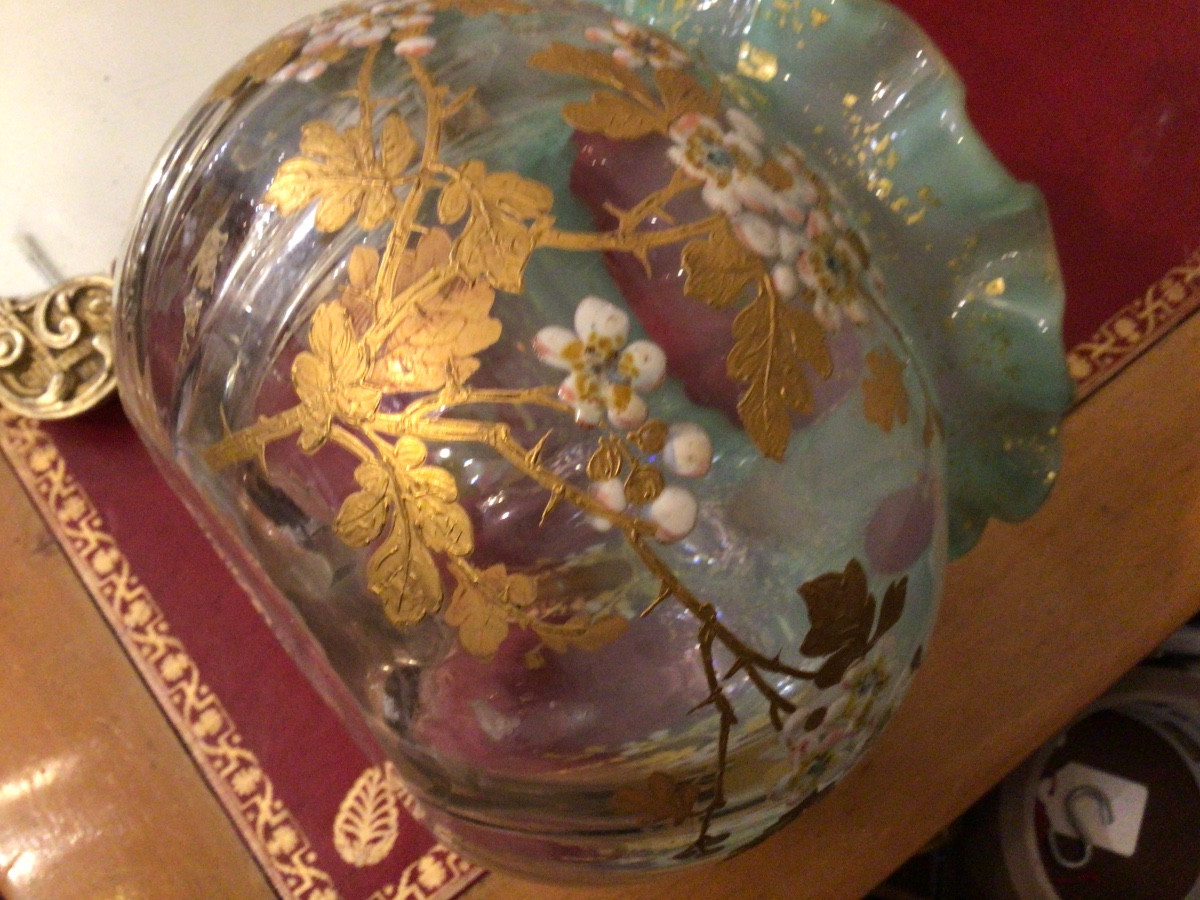 Art Nouveau vase en verre opalescent émaillé à fin décor floral non signé début XX, Legras ??-photo-4