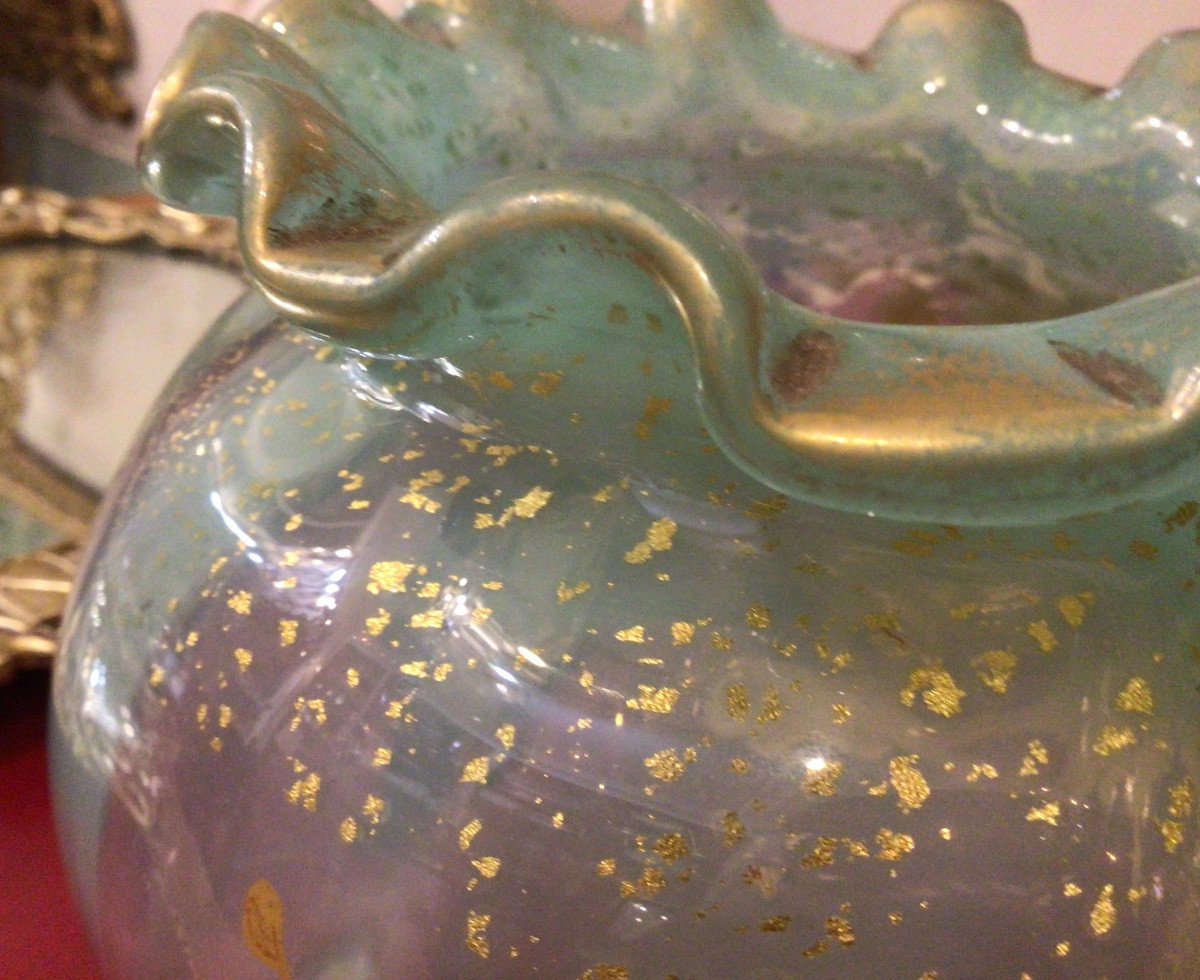 Art Nouveau vase en verre opalescent émaillé à fin décor floral non signé début XX, Legras ??-photo-3