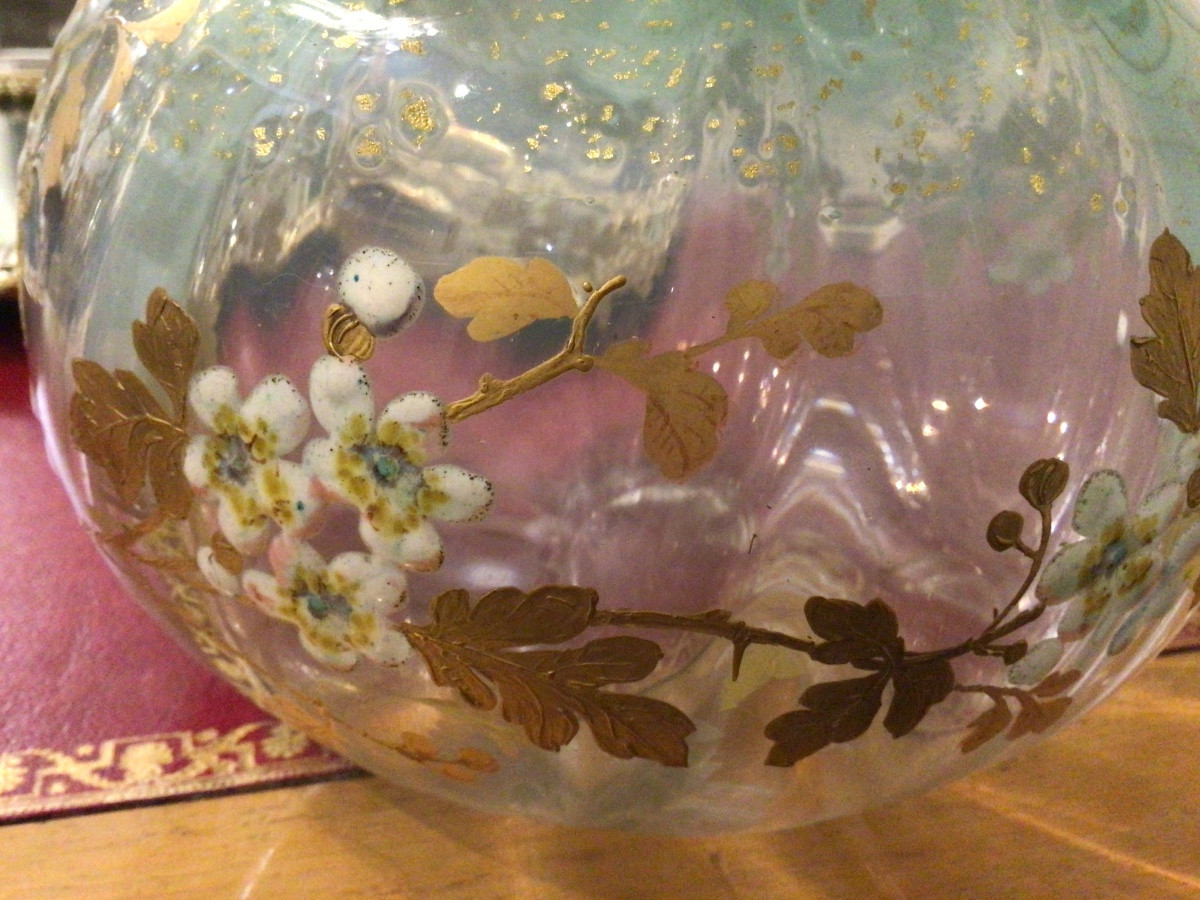 Art Nouveau vase en verre opalescent émaillé à fin décor floral non signé début XX, Legras ??-photo-4