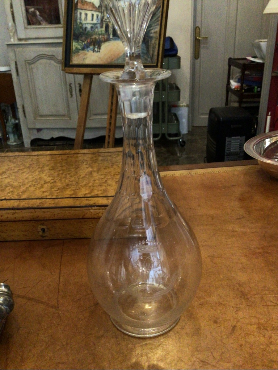 Carafe en cristal armorié, couronne comtale,chiffre, devise fin XIX eme début XX eme-photo-3