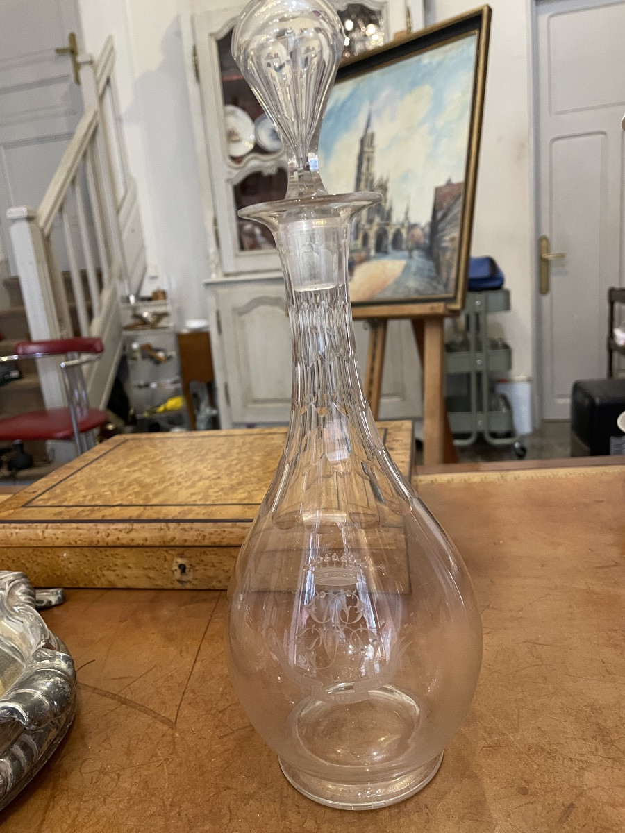 Carafe en cristal armorié, couronne comtale,chiffre, devise fin XIX eme début XX eme-photo-4