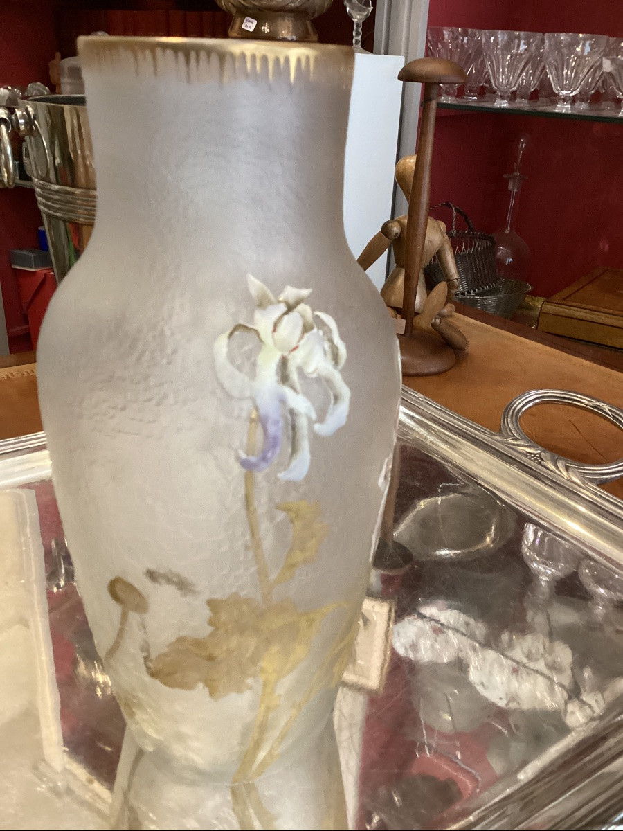 Vase émail sur fond de  verre givré d’epoque 1900-photo-3