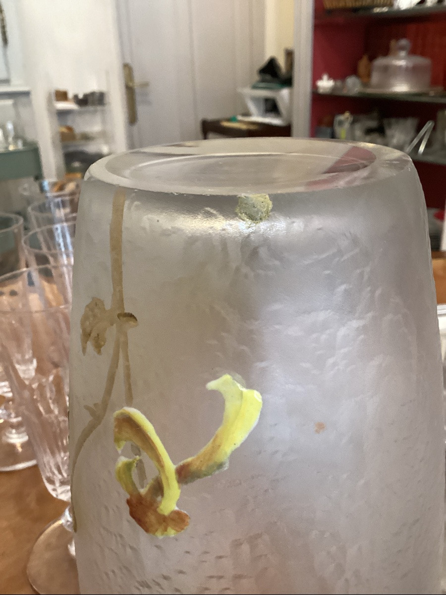 Vase émail sur fond de  verre givré d’epoque 1900-photo-2