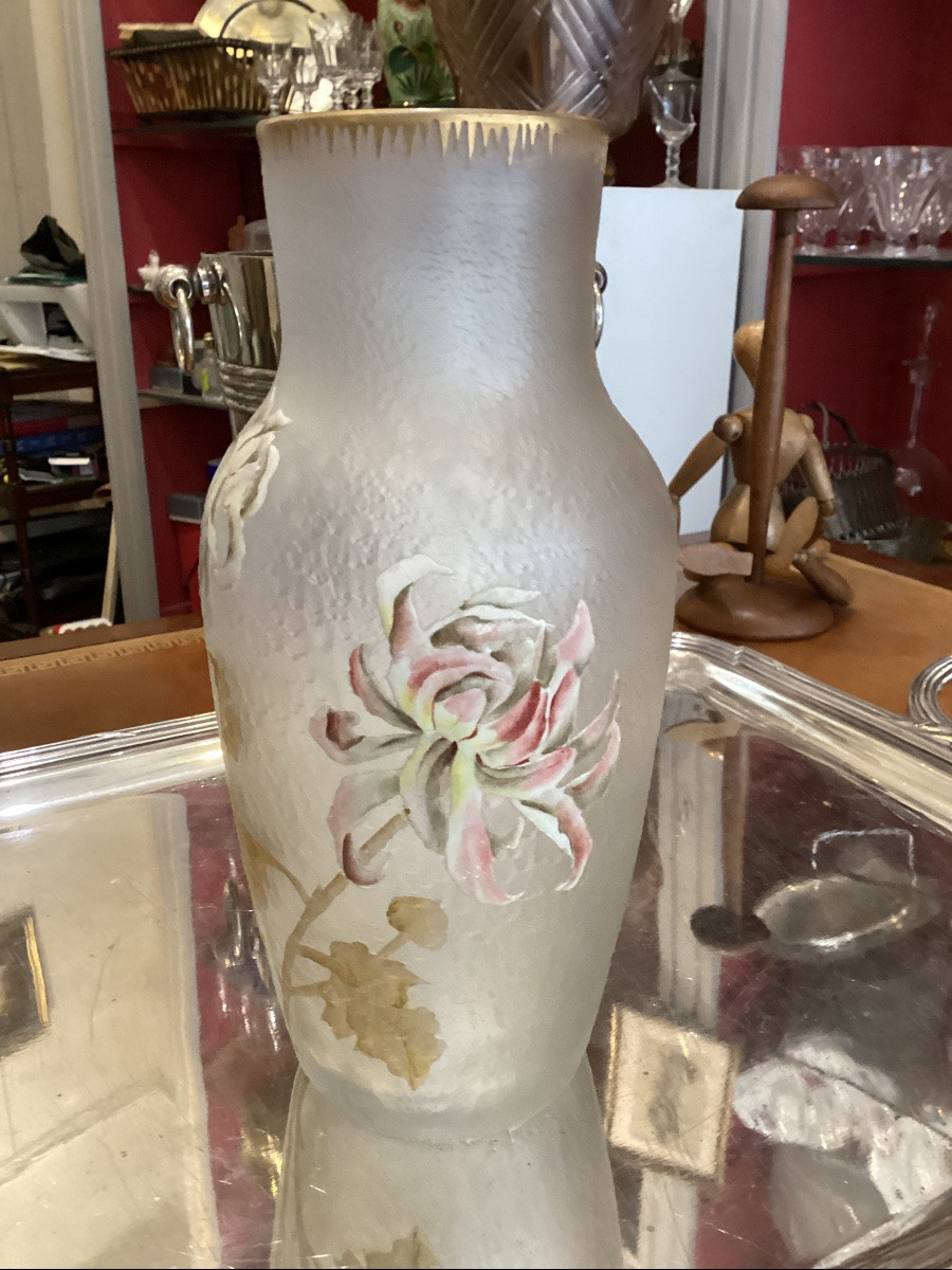 Vase émail sur fond de  verre givré d’epoque 1900-photo-4