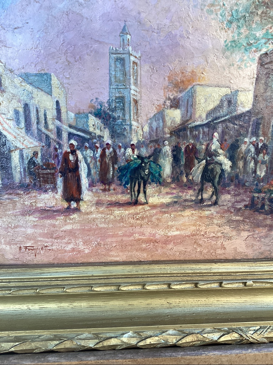 Orientalist Oil Painting On Cardboard, Signed A. Fouquet With Studio Stamp-photo-2