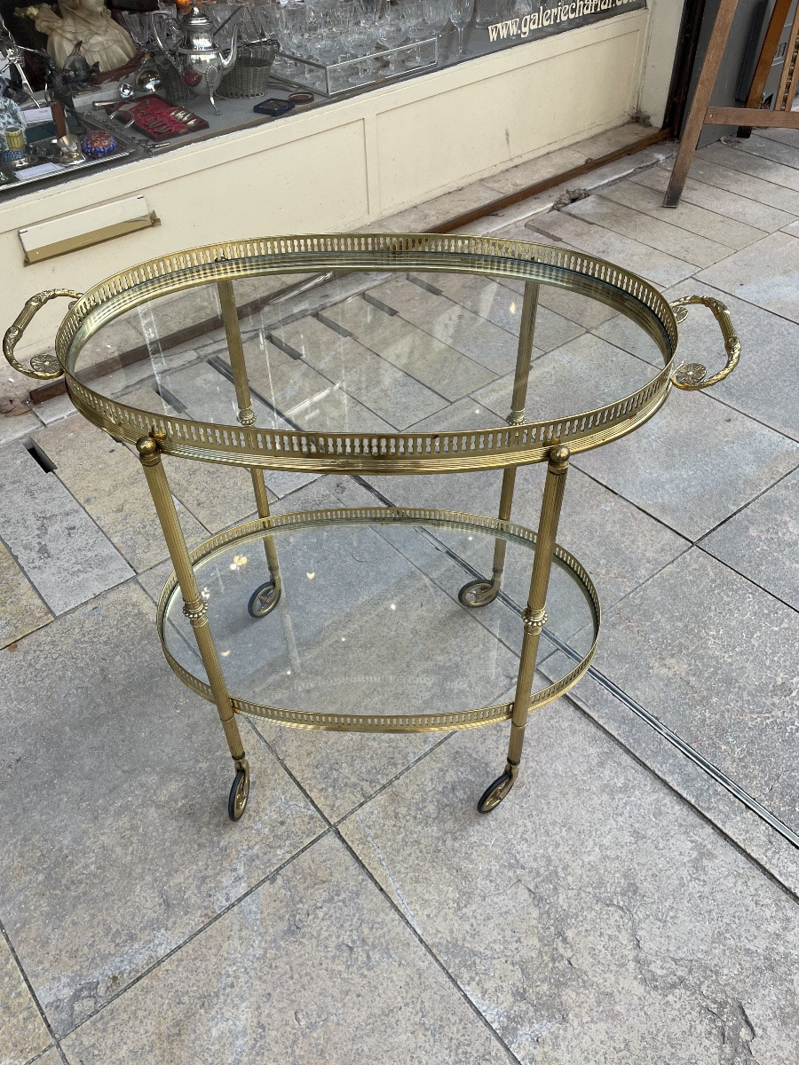 Oval Brass Rolling Table With Removable Top In The Style Of Bagues Or Jansen-photo-3