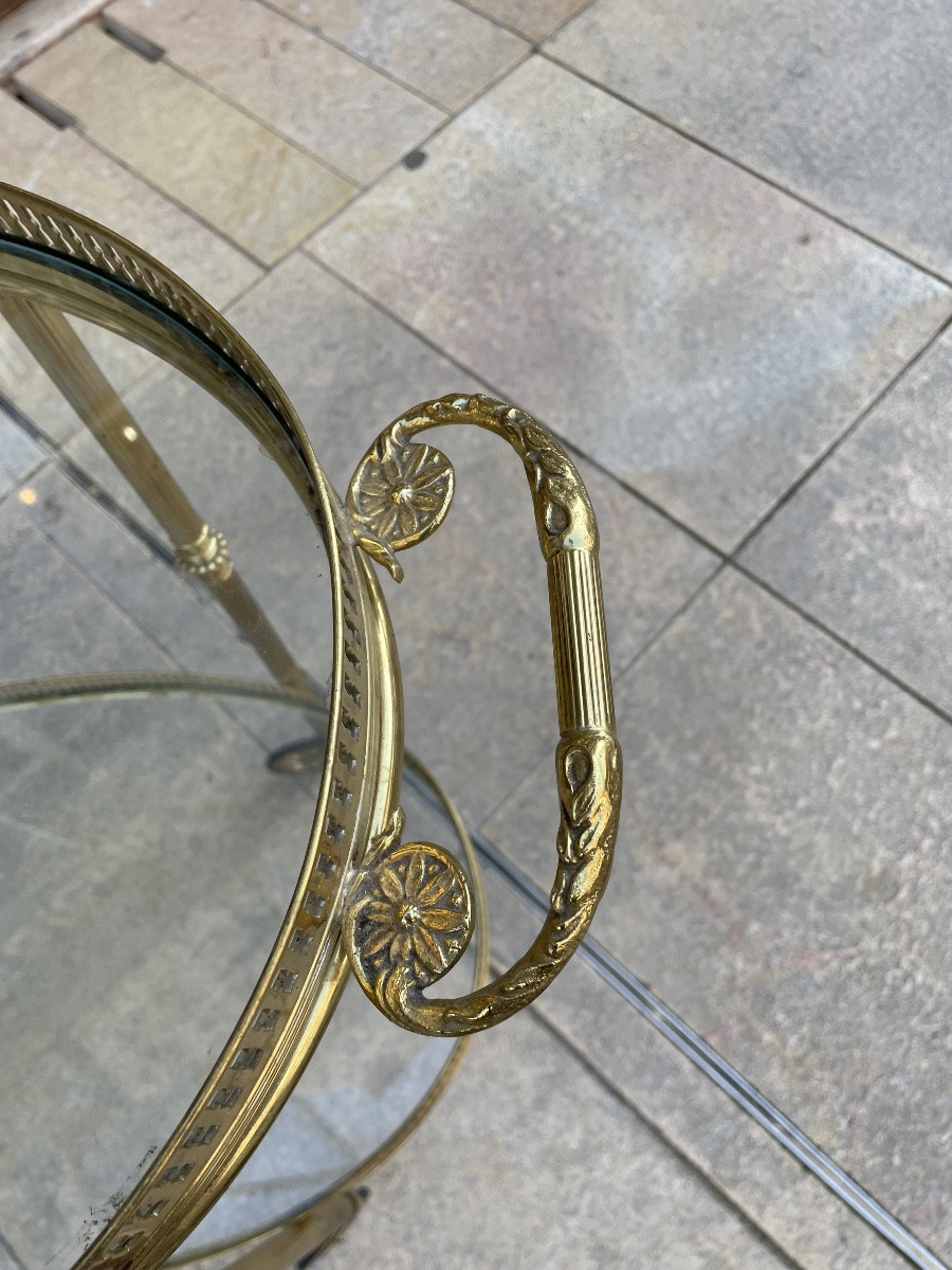 Oval Brass Rolling Table With Removable Top In The Style Of Bagues Or Jansen-photo-1